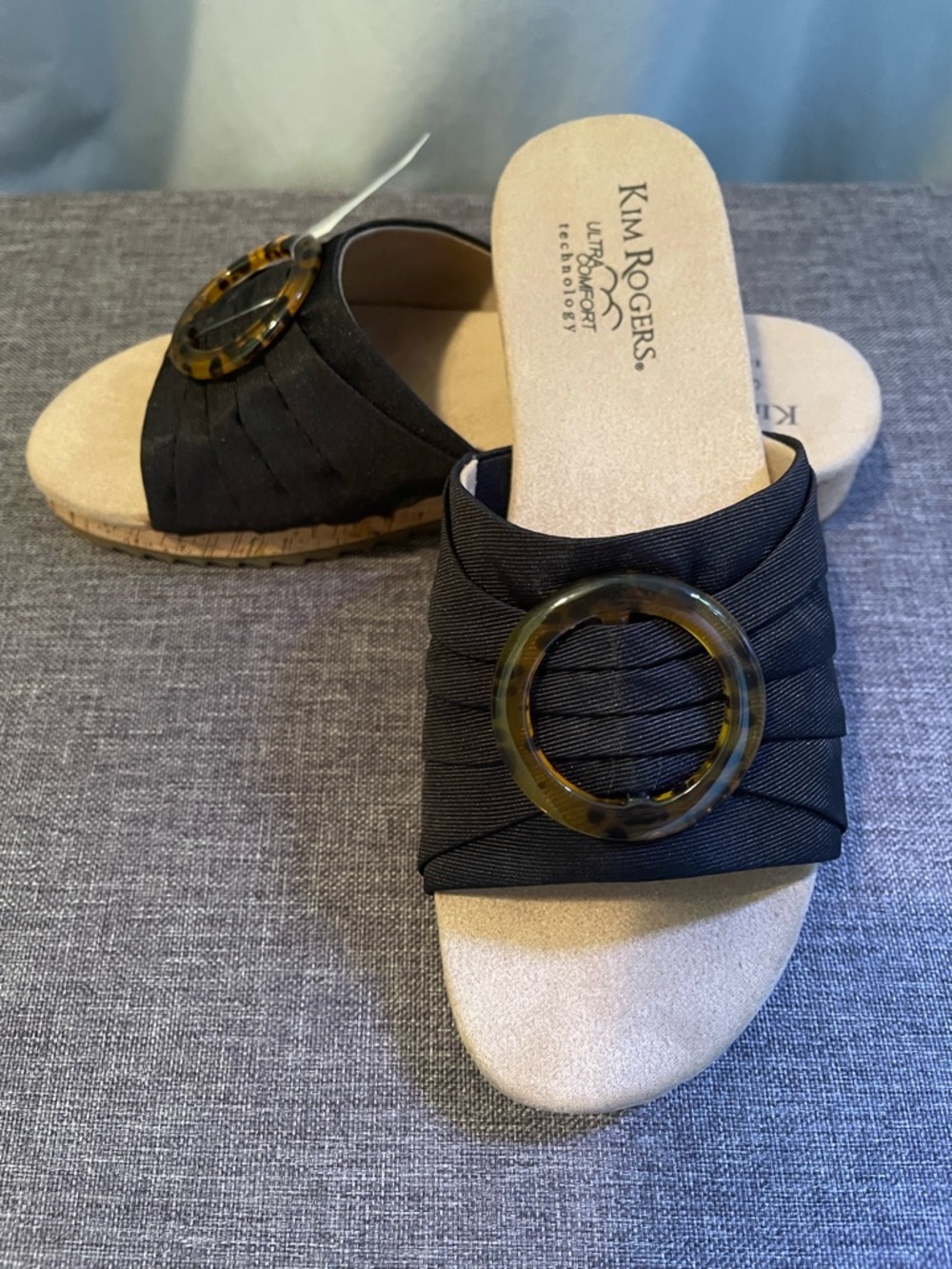 Kim Rogers Black Slide Mules with Tortoise Ring Accent